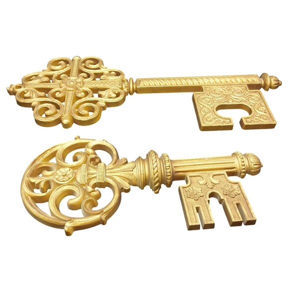 Set Of 2 Vintage DART Gold Decorative Wall Keys Hollywood Regency Ornate Syroco - Picture 2 of 3